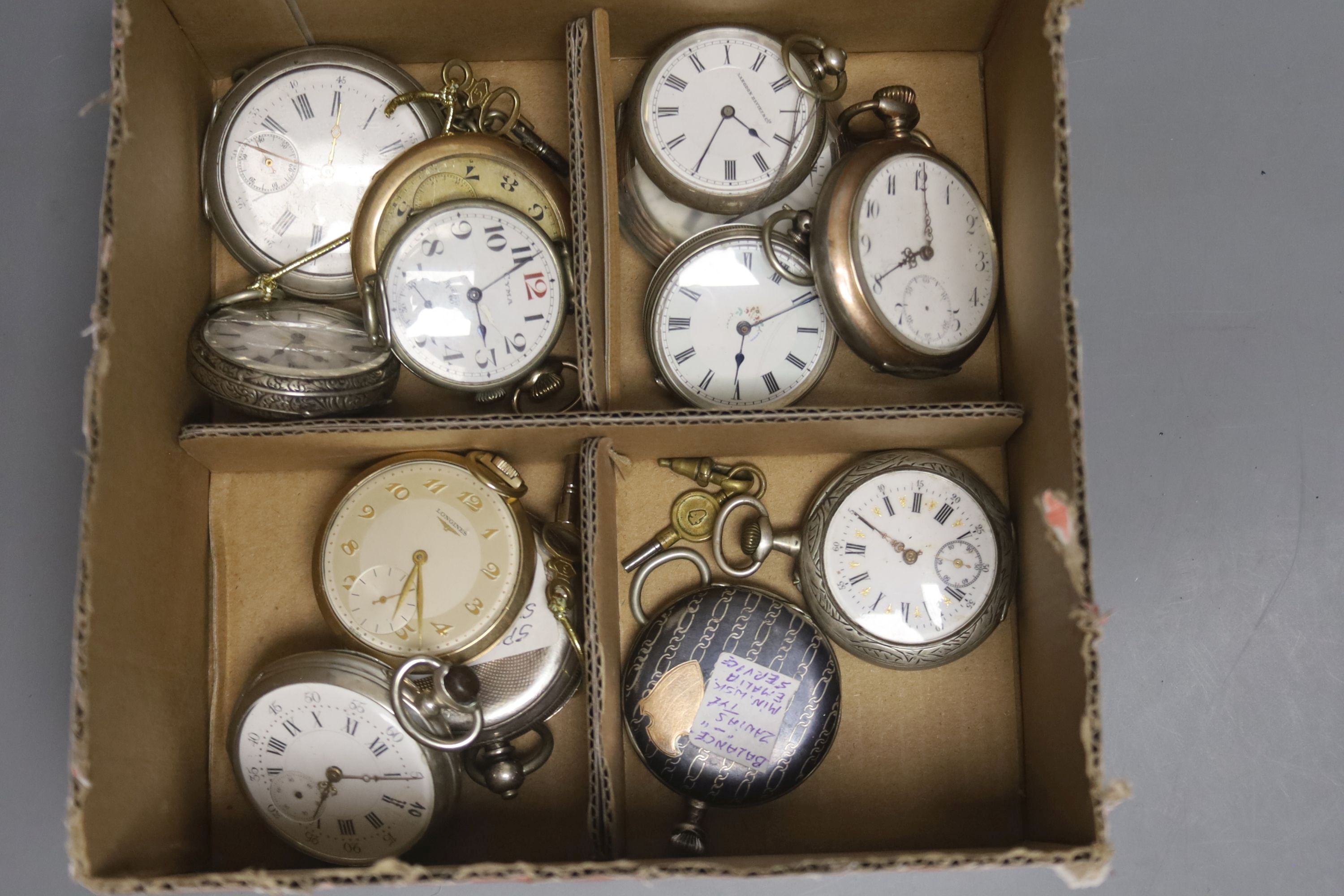 Thirteen assorted base or white metal pocket watches, a Cyma wristwatch and two movements.